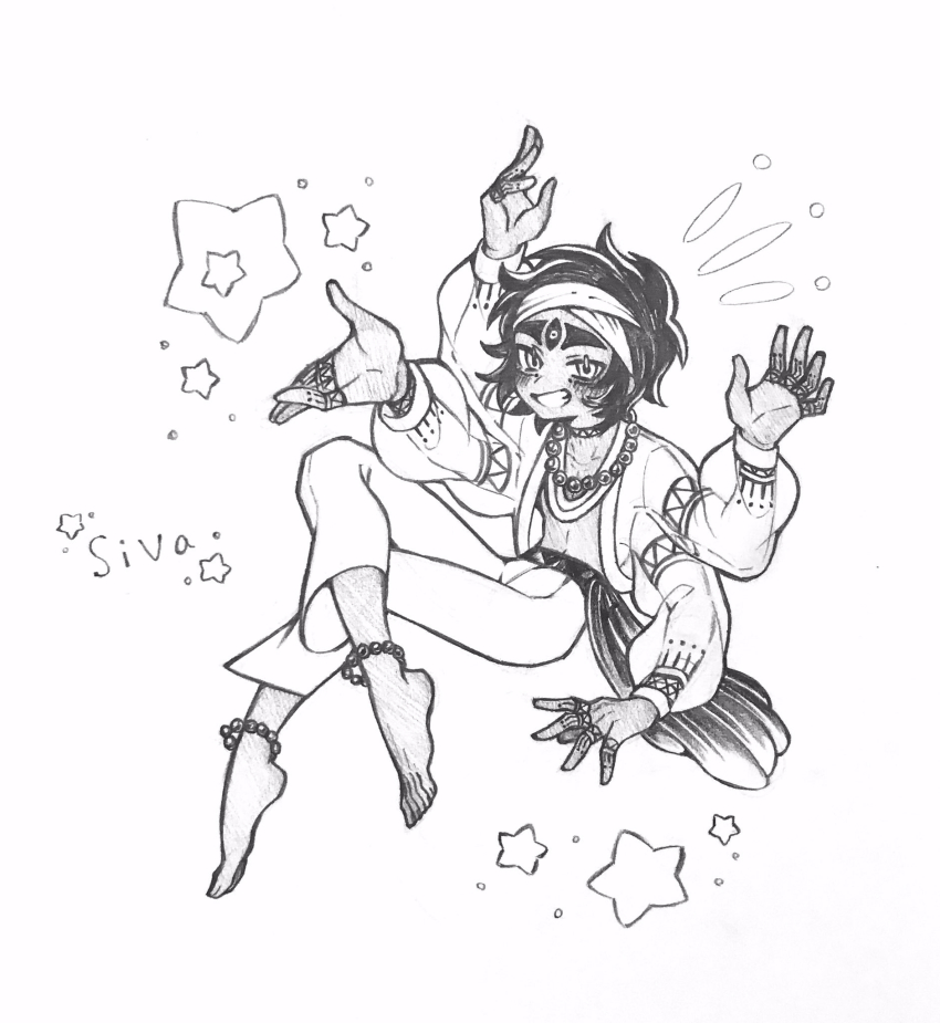 1boy alternate_costume anklet arm_tattoo arms_up bandana barefoot bead_anklet bead_necklace beads blush character_name extra_arms extra_eyes finger_tattoo full_body highres hojicha in_air jacket jewelry long_hair looking_at_viewer loose_jacket male_focus midair multiple_eyes multiple_necklaces necklace open_clothes open_jacket pants sash shirtless_male shiva_(shuumatsu_no_valkyrie) short_hair shuumatsu_no_valkyrie sitting smile solo star_(symbol) tattoo teeth third_eye wide_sleeves wrist_tattoo