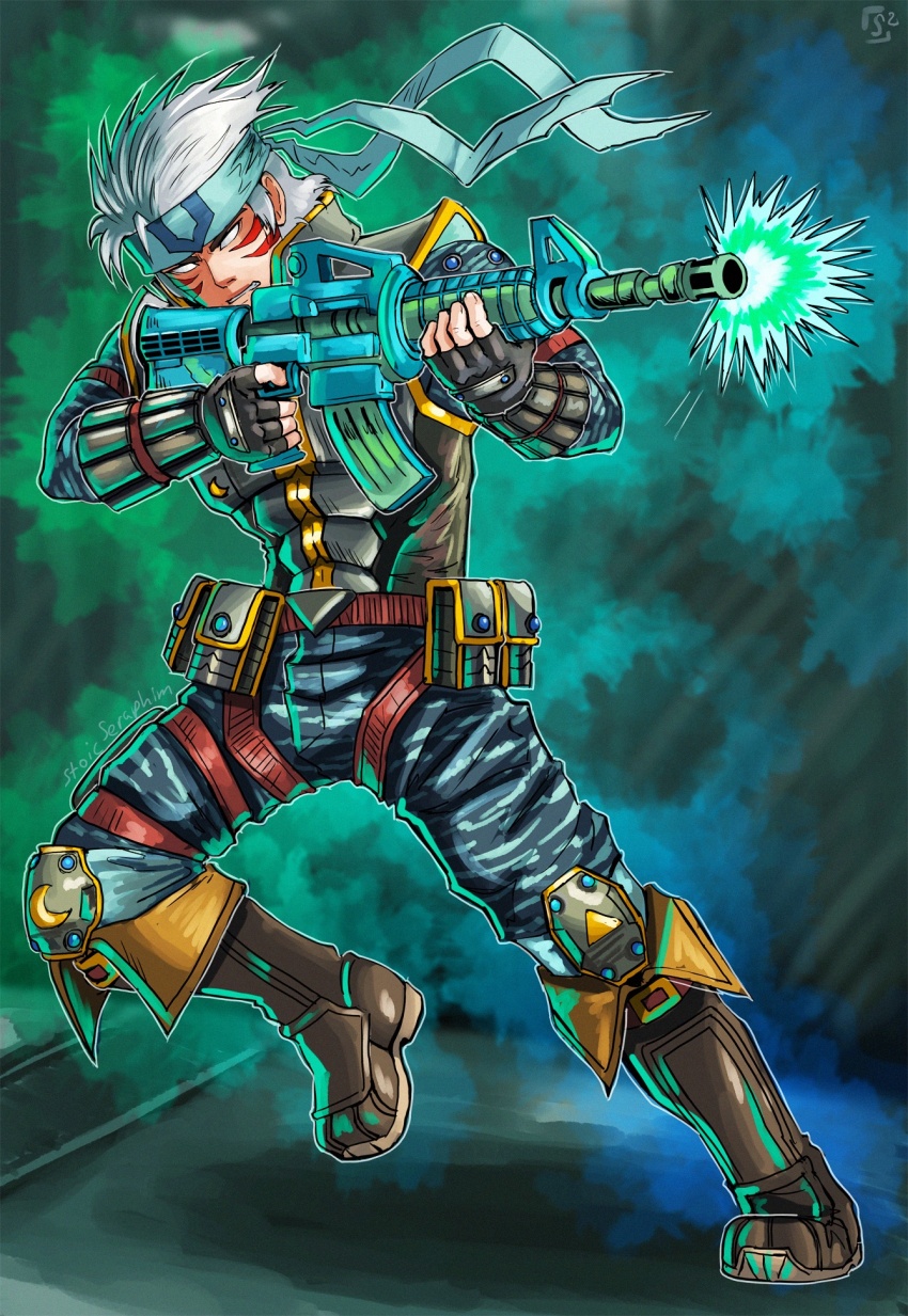 alternate_color alternate_costume alternate_eye_color alternate_hair_color alternate_weapon armor artist_logo aura bandana belt_pouch blue_gemstone boots corruption crescent crescent_moon crescent_moon_print crescent_moon_symbol crescent_print crossover dark_persona facial_tattoo fierce_deity fingerless_gloves firing gem gloves gun hal_laboratory highres holding holding_gun holding_weapon knee_up konami leg_up logo looking_to_the_side metal_gear_(series) moon nintendo no_pupils possessed possession pouch short_hair solid_snake stoic_seraphim super_smash_bros. tattoo the_legend_of_zelda the_legend_of_zelda:_majora&#039;s_mask triangle triangle_print weapon white_eyes white_hair wrist_guards