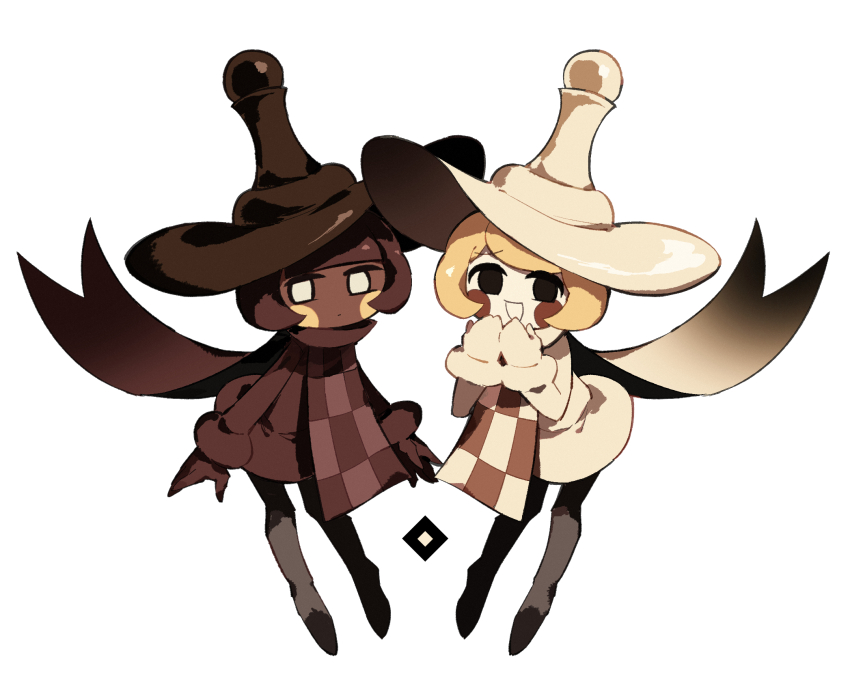 2others :d apron arms_at_sides black_eyes blonde_hair brown_apron brown_cape brown_gloves brown_hair brown_hat brown_tunic cape checkered_apron checkered_clothes chess_piece circle_facial_mark closed_mouth cookie_print cookie_run cookie_run:_ovenbreak dark_skin expressionless food_print full_body gloves hands_on_own_chin hands_up hat highres humanization long_sleeves looking_at_viewer melvi0 multiple_others no_pupils open_mouth other_focus pawn_(chess) pawn_black_cookie pawn_white_cookie protected_link short_hair siblings simple_background smile tunic twins white_background white_cape white_eyes white_gloves white_hat white_tunic