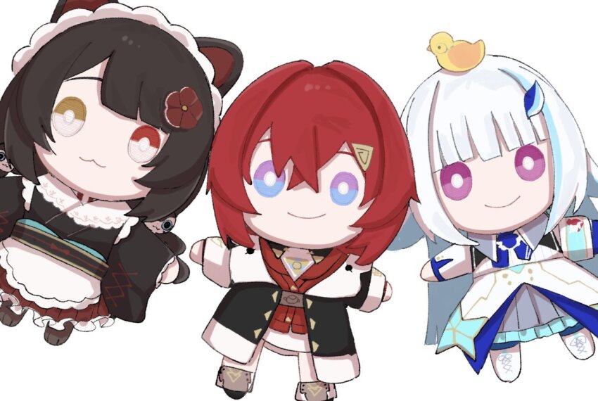 3girls 3znk :3 ange_katrina ange_katrina_(1st_costume) animal animal_ears animal_hair_ornament animal_on_head apron armband bird bird_on_head black_coat black_kimono black_sash blue_armband blue_eyes blue_hair blue_neckerchief blue_socks boots bright_pupils brown_boots brown_hair cardigan character_doll closed_mouth coat commentary_request crossed_bangs dog_ears dress flower frilled_skirt frills grey_skirt hair_between_eyes hair_flower hair_ornament heterochromia inui_toko inui_toko_(1st_costume) jacket japanese_clothes kimono layered_skirt lize_helesta long_bangs long_hair long_skirt long_sleeves maid_apron maid_headdress medium_hair monocle multicolored_eyes multicolored_hair multiple_girls neckerchief nijisanji obi obiage obijime on_head outstretched_arms pleated_skirt purple_eyes red_cardigan red_eyes red_flower red_hair red_skirt sanbaka_(nijisanji) sash sebastian_piyodore short_dress simple_background skirt smile socks spread_arms streaked_hair stuffed_toy t-pose triangle_hair_ornament two-tone_eyes two-tone_hair very_long_hair virtual_youtuber waist_apron white_background white_boots white_dress white_eyes white_hair white_headdress white_jacket white_pupils white_skirt yellow_bird yellow_eyes