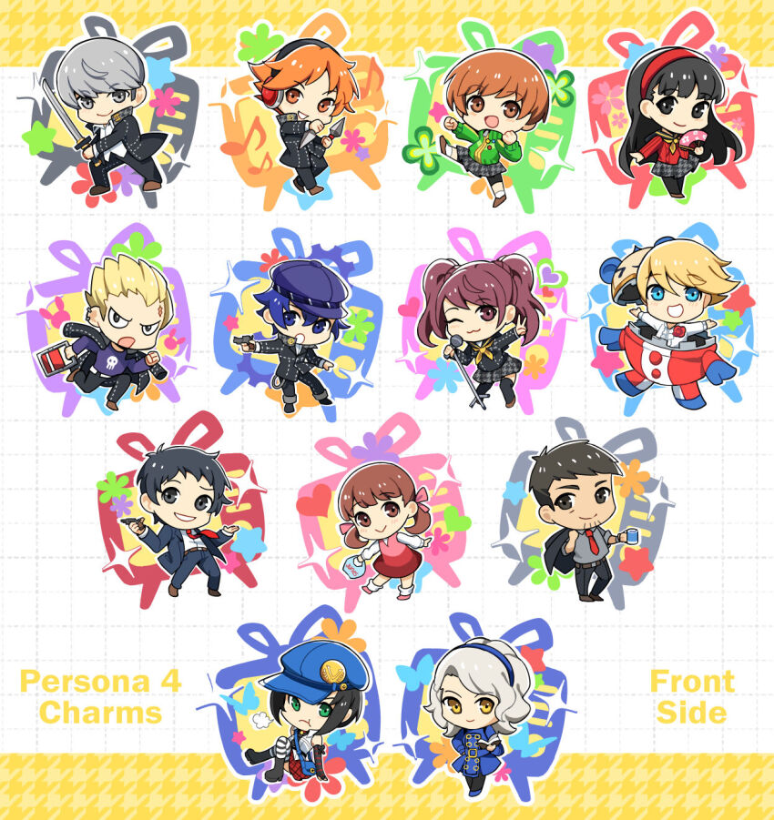 6+boys 6+girls :3 :d :t adachi_tooru amagi_yukiko black_eyes black_hair black_jacket blonde_hair blue_eyes blue_hair blue_headwear blue_jacket blue_skirt blunt_bangs border brown_eyes brown_hair c: chibi chibi_only clenched_hand closed_mouth commentary copyright_name doujima_nanako doujima_ryoutarou english_commentary english_text everyone green_eyes grey_hair gun hairband hanamura_yousuke hat highres holding holding_gun holding_microphone_stand holding_sword holding_weapon jacket kujikawa_rise kuki_tan kuma_(persona_4) kunai light_blush long_hair low_twintails margaret_(persona) marie_(persona_4) microphone microphone_stand multiple_boys multiple_girls narukami_yu one_eye_closed open_mouth peaked_cap persona persona_4 pout red_hairband satonaka_chie school_uniform shirogane_naoto shirt short_hair simple_background skirt smile sparkle standing standing_on_one_leg striped_clothes striped_thighhighs swept_bangs sword tatsumi_kanji television thighhighs twintails weapon white_background white_shirt yellow_border yellow_eyes