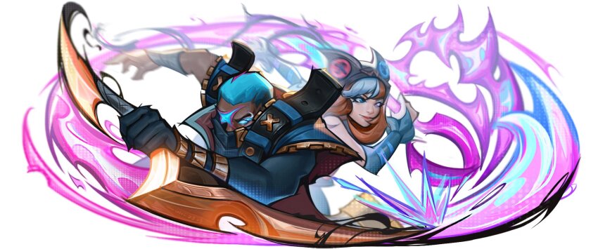 1boy 1girl animal_ears black_gloves black_hood blue_eyes brown_hair buttons closed_mouth croki._(croki1014) dark-skinned_male dark_skin detached_sleeves fake_animal_ears gloves green_hair grey_hair gwen_(league_of_legends) heterochromia highres holding holding_weapon hood hood_up league_of_legends long_hair looking_at_viewer magic pink_eyes pyke_(league_of_legends) short_hair soul_fighter_gwen soul_fighter_pyke weapon white_background