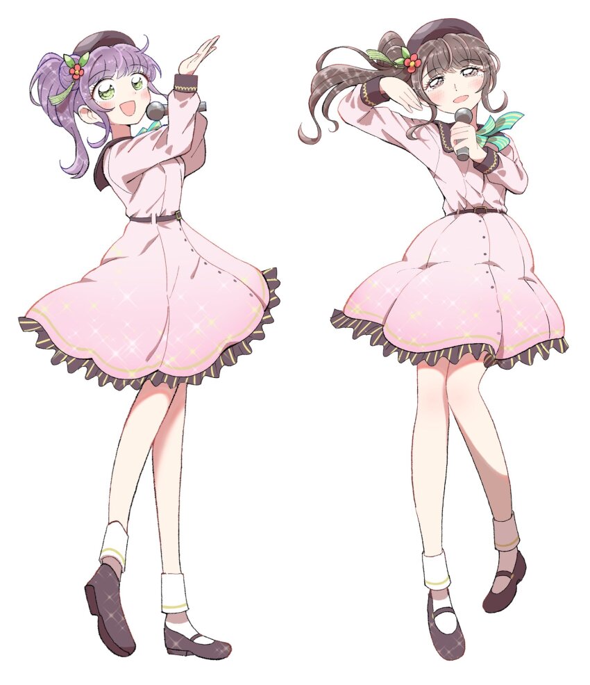2girls :d animification ankle_socks arm_up beret black_footwear blush brown_eyes brown_hair brown_hat commentary_request dream_believers dress erako9 floating_hair flower frilled_dress frills full_body green_eyes hair_bun hair_flower hair_ornament half-closed_eyes hanamiya_nina hat highres holding holding_microphone link!_like!_love_live! long_hair love_live! mary_janes medium_dress microphone multiple_girls open_mouth opening_live_event_~bloom_the_dream~ otomune_kozue purple_hair real_life red_flower shoes side_ponytail sidelocks simple_background single_side_bun smile socks tassel tassel_hair_ornament virtual_youtuber voice_actor voice_actor_connection white_background white_socks