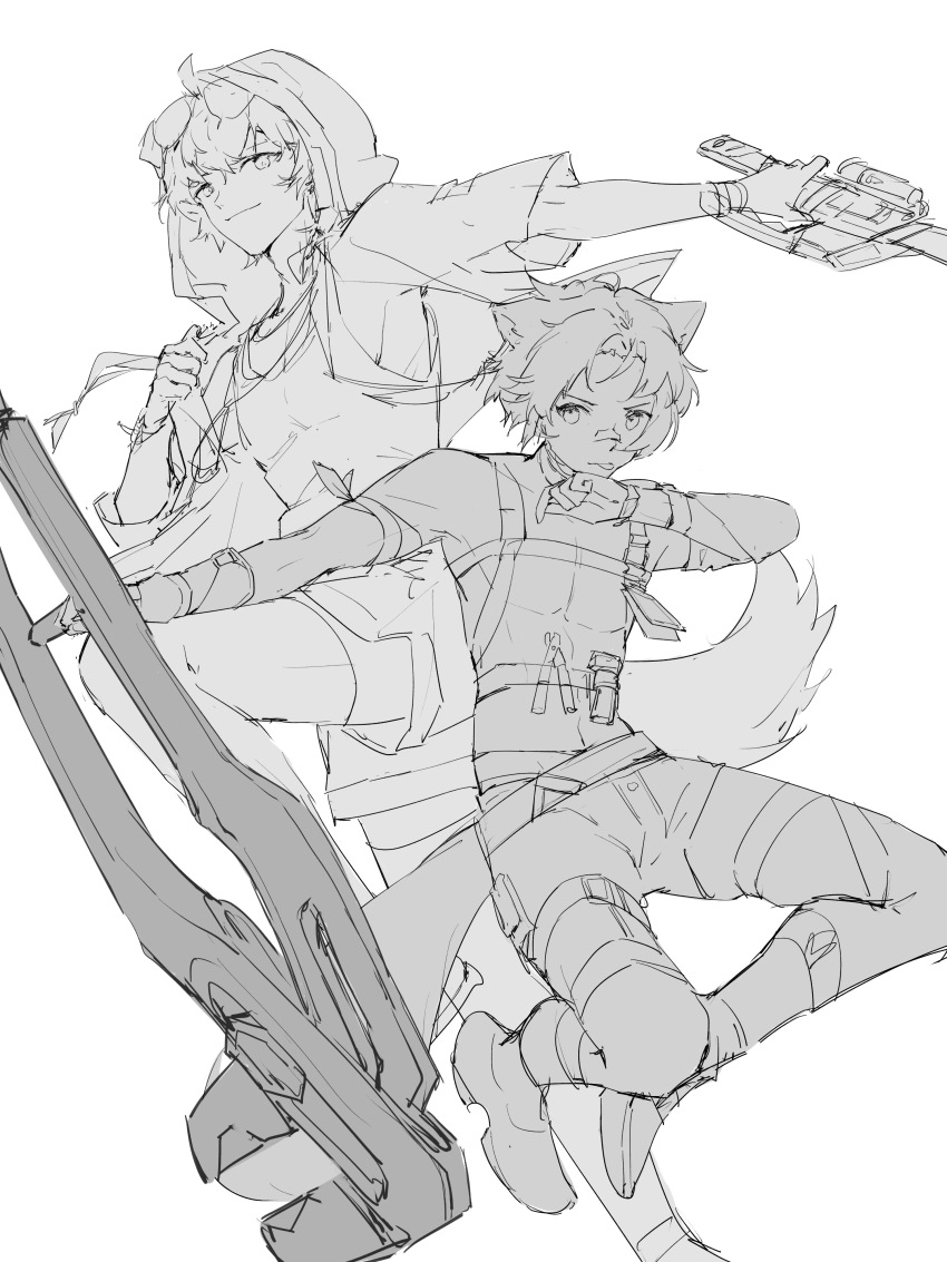 2boys absurdres ahoge animal_ears anklet arknights bandaid bandaid_on_face bandaid_on_nose belt chinese_commentary dog_boy dog_ears dog_tail eyewear_on_head highres holding holding_sword holding_weapon holding_wrench hood hooded_jacket jacket jewelry jumping light_smile male_focus messy_hair multiple_boys necklace short_hair short_sleeves shorts smile sweat sweatdrop sword tail tequila_(arknights) tongue tongue_out translation_request weapon white_background windflit_(arknights) wrench zhucong312