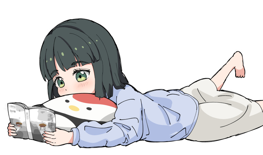 1girl absurdres barefoot black_hair blue_cardigan blunt_bangs bob_cut cardigan commentary dress foot_out_of_frame green_eyes highres link!_like!_love_live! love_live! lying medium_dress momose_ginko momose_ginko_(summer_loungewear) on_stomach reading sen_yousoro short_hair simple_background solo stuffed_animal stuffed_bird stuffed_toy tsuru_(love_live!) virtual_youtuber white_background white_dress