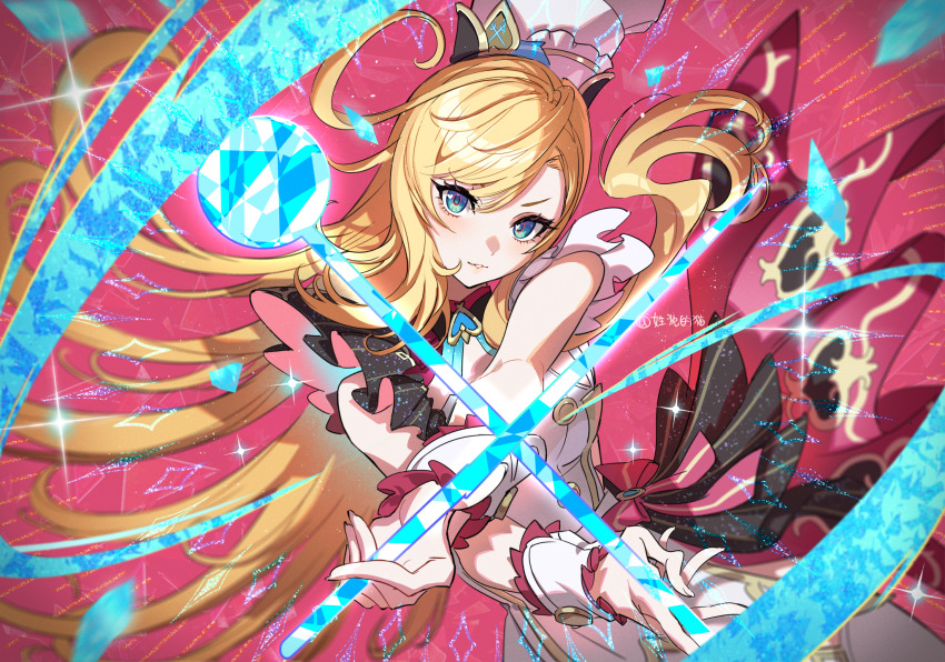 1girl aqua_eyes blonde_hair bow bow_skirt chef_hat chinese_commentary commentary_request cowlick diffraction_spikes dress escoffier_(genshin_impact) floating_hair frilled_dress frills genshin_impact gold_trim hair_between_eyes hat head_tilt highres holding holding_ladle honlo ice icicle ladle long_hair looking_at_viewer outstretched_crossed_arms parted_lips pink_background red_bow skirt solo toque_blanche very_long_hair white_dress wrist_cuffs