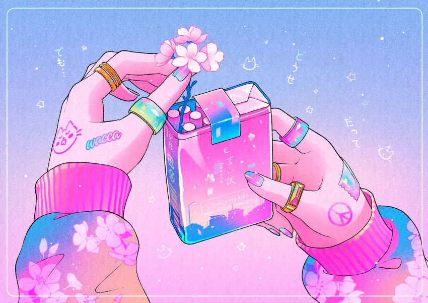 1girl blue_nails cherry_blossoms cigarette cigarette_pack commentary_request floral_print gradient_nails hand_focus highres jacket jewelry original peace_symbol peace_symbol_tattoo pink_jacket pink_nails ring solo wacca005