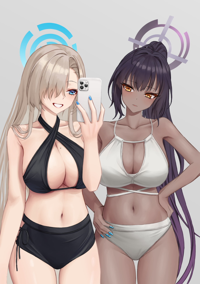 2girls absurdres alternate_costume asuna_(blue_archive) bikini black_bikini black_hair blue_archive blue_eyes blue_halo breasts brown_hair cleavage collarbone commentary_request dark-skinned_female dark_skin drachsss halo halterneck hands_on_own_hips highres holding holding_phone karin_(blue_archive) large_breasts mole mole_on_breast multiple_girls navel phone ponytail purple_halo stomach swimsuit white_bikini yellow_eyes