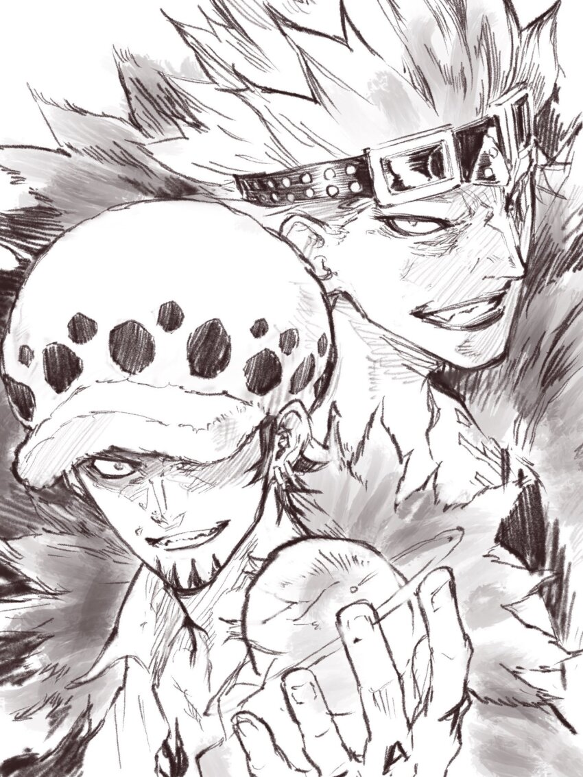 2boys black_hair earrings eustass_kid facial_hair finger_tattoo fur_trim greyscale hat highres jewelry looking_at_viewer monochrome multiple_boys one_piece short_hair sketch smile spiked_hair sukeno_yoshiaki tattoo trafalgar_law