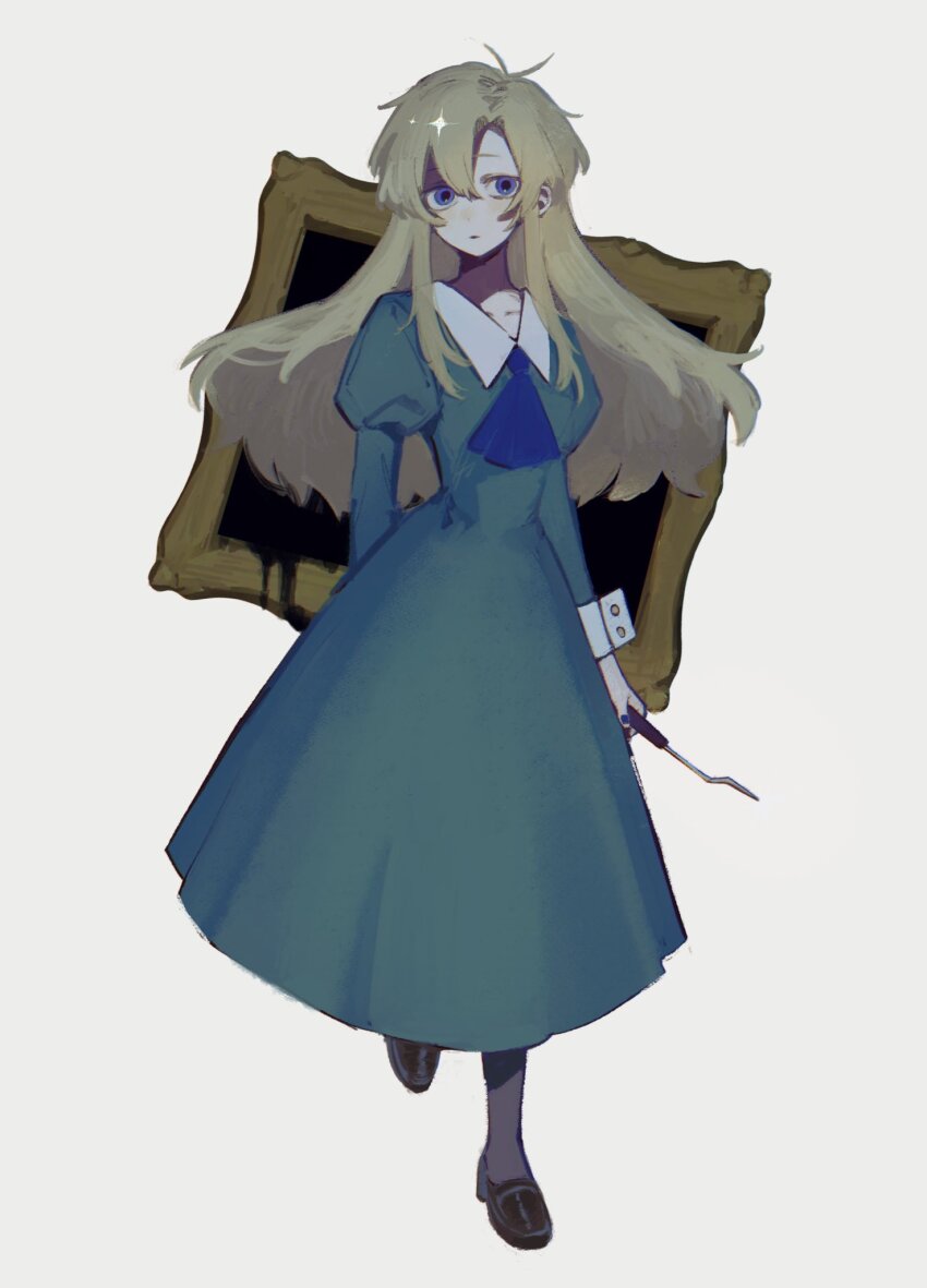 1girl alt_text antenna_hair ascot black_pantyhose blonde_hair blue_ascot blue_eyes blue_nails brown_shoes collared_dress contrast_collar double-parted_bangs dress film_grain full_body green_dress grey_background hair_between_eyes highres holding ib_(kouri) juliet_sleeves loafers long_dress long_hair long_sleeves looking_at_viewer mary_(ib) nail_polish pantyhose parted_lips portrait_(object) puffy_sleeves shoes sidelocks simple_background solo sparkle standing takenaka_(takenaka1111) turning_head white_sleeve_cuffs
