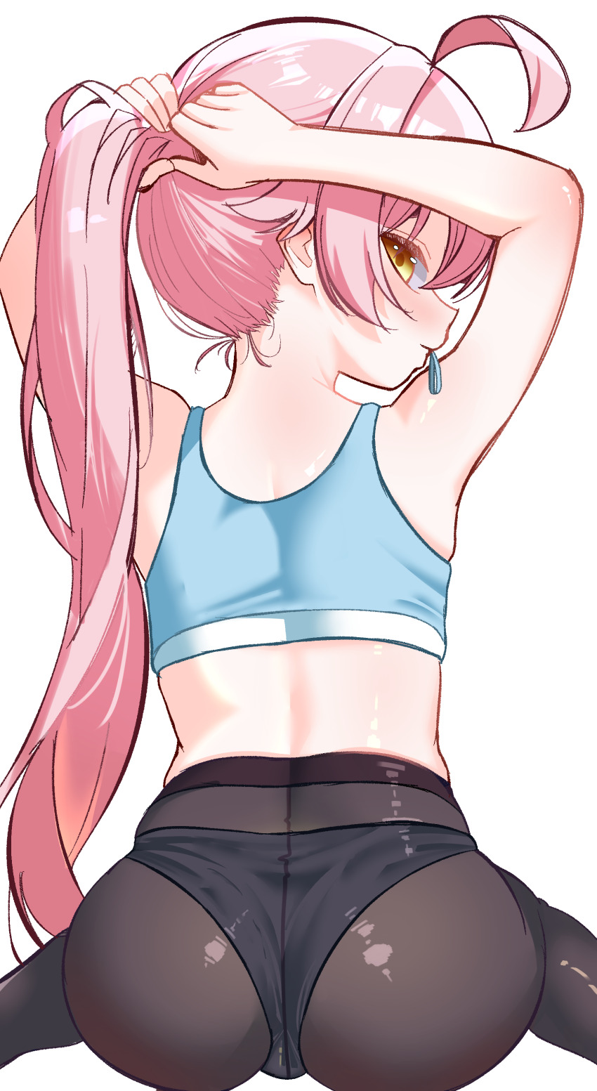 1girl absurdres ahoge arms_up ass bad_tag blue_archive blush cunvaroy from_behind highres hoshino_(blue_archive) legs loli long_hair looking_at_viewer looking_back panties panties_under_pantyhose pantyhose pink_hair ponytail shiny_clothes sitting solo sports_bra thighs underwear yellow_eyes