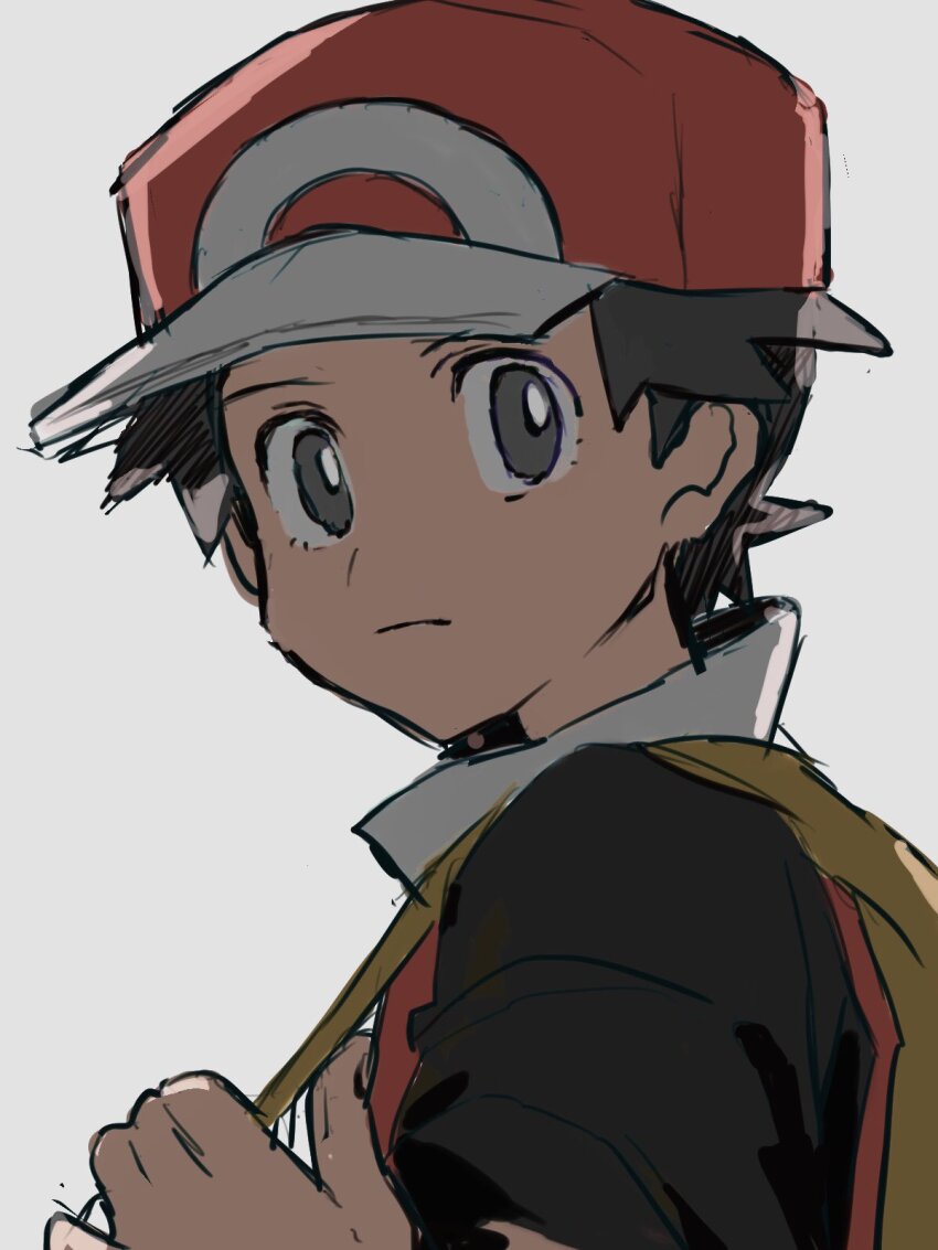 1boy baseball_cap black_hair closed_mouth frown grey_eyes hat highres male_focus nintendo pokemon pokemon_frlg red_(pokemon) shichibee_(stm_mimi) short_hair short_sleeves simple_background solo upper_body white_background yellow_bag