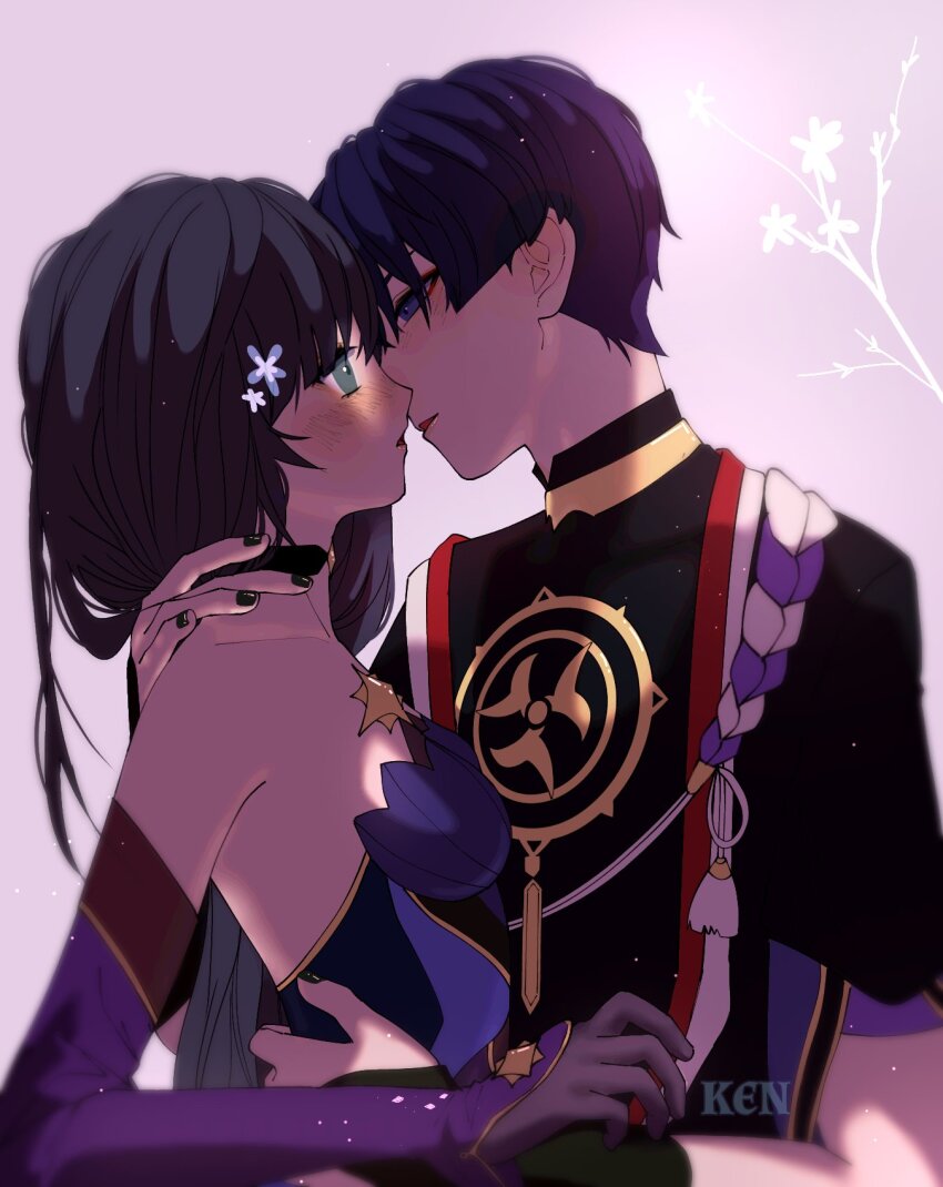 1boy 1girl alternate_hairstyle armor artist_name black_bodysuit black_choker black_gloves black_hair black_kimono black_nails black_sleeves blunt_bangs blunt_ends blush bodystocking bodysuit breasts choker collarbone couple curled_fingers detached_sleeves elbow_gloves eye_contact eyeliner eyeshadow flower genshin_impact gloves gold gold_trim green_eyes grey_hair hair_down hair_flower hair_ornament half-closed_eyes han&#039;eri hand_on_another&#039;s_nape hand_on_another&#039;s_waist heart hetero highres imminent_kiss japanese_armor japanese_clothes jewelry kimono kote kurokote layered_kimono layered_sleeves leotard long_hair looking_at_another makeup mandarin_collar medium_breasts mitsudomoe_(shape) mona_(genshin_impact) moriko_ken11 multicolored_hair neck_ring open_clothes open_kimono open_mouth pink_background purple_eyes purple_flower purple_hair purple_leotard purple_rope purple_sleeves red_eyeliner red_eyeshadow red_kimono rope scaramouche_(genshin_impact) shimenawa short_sleeves star_(symbol) star_choker strapless strapless_leotard streaked_hair tassel tomoe_(symbol) white_kimono white_rope