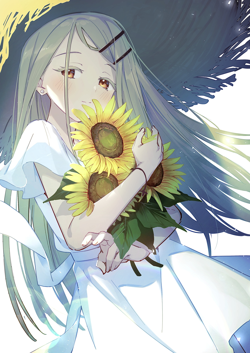 1girl absurdres blonde_hair blush colored_eyelashes dress earrings flower gakuen_idolmaster hair_ornament hairclip hat highres holding idolmaster jewelry light_rays light_smile long_hair orange_eyes oversized_hat shinosawa_hiro solo straw_hat sundress sunflower swept_bangs tamago_sando very_long_hair waist_ribbon white_dress
