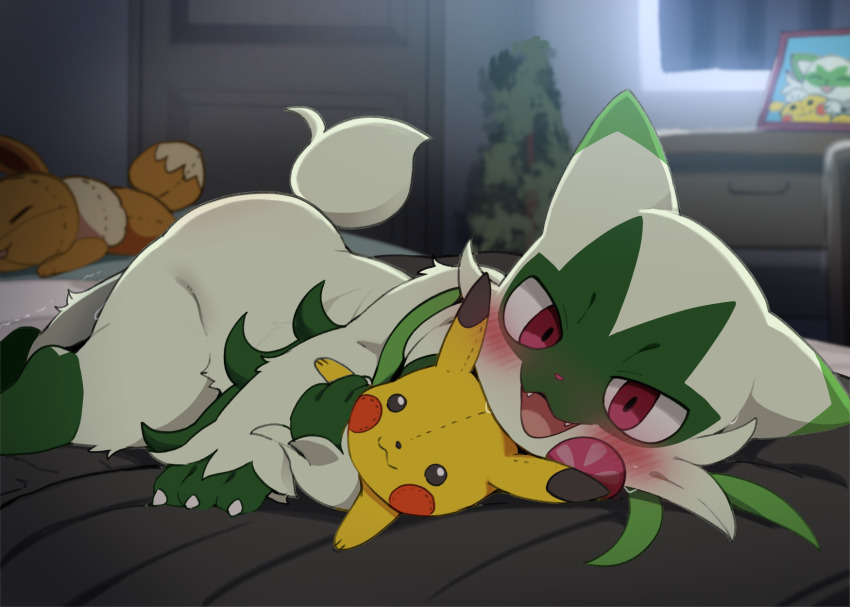1boy animal_ears bed commentary creatures_(company) dagasi eevee fangs floragato game_freak gen_1_pokemon highres indoors looking_at_viewer lying nintendo on_bed on_side open_mouth pikachu pokemon pokemon_(creature) red_eyes smile sprigatito stuffed_toy