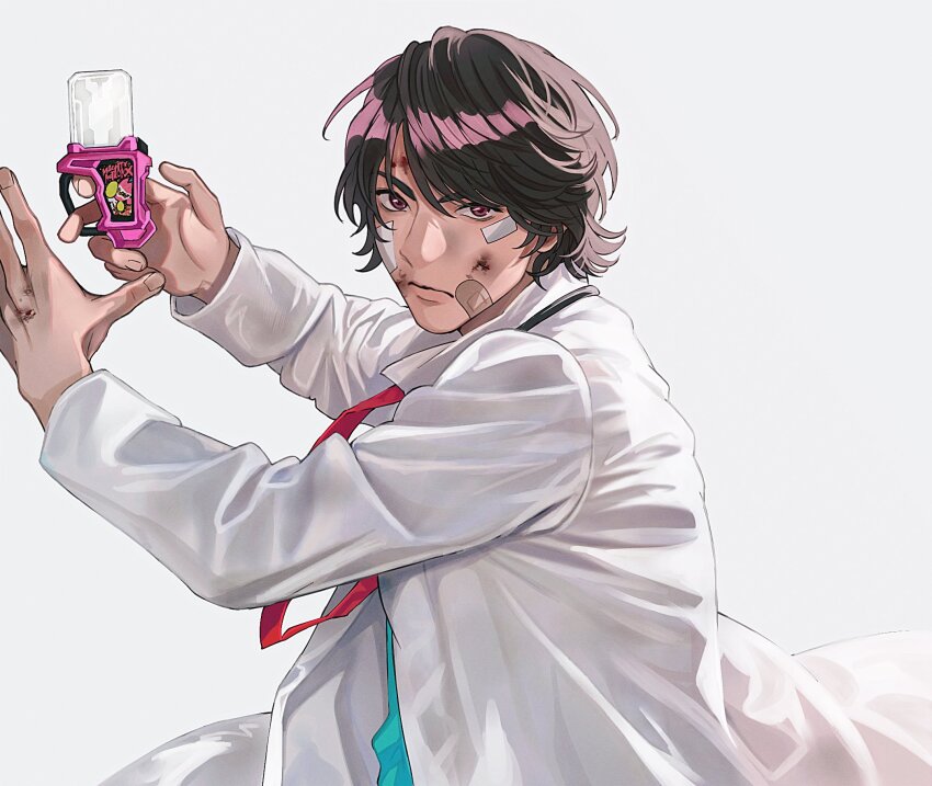 1boy bandaid bandaid_on_face blue_shirt brown_eyes brown_hair coat doctor gashat henshin_pose highres houjou_emu injury kamen_rider kamen_rider_ex-aid_(series) looking_at_viewer necktie red_necktie rider_gashat sasakura34 shirt simple_background solo upper_body white_background white_coat