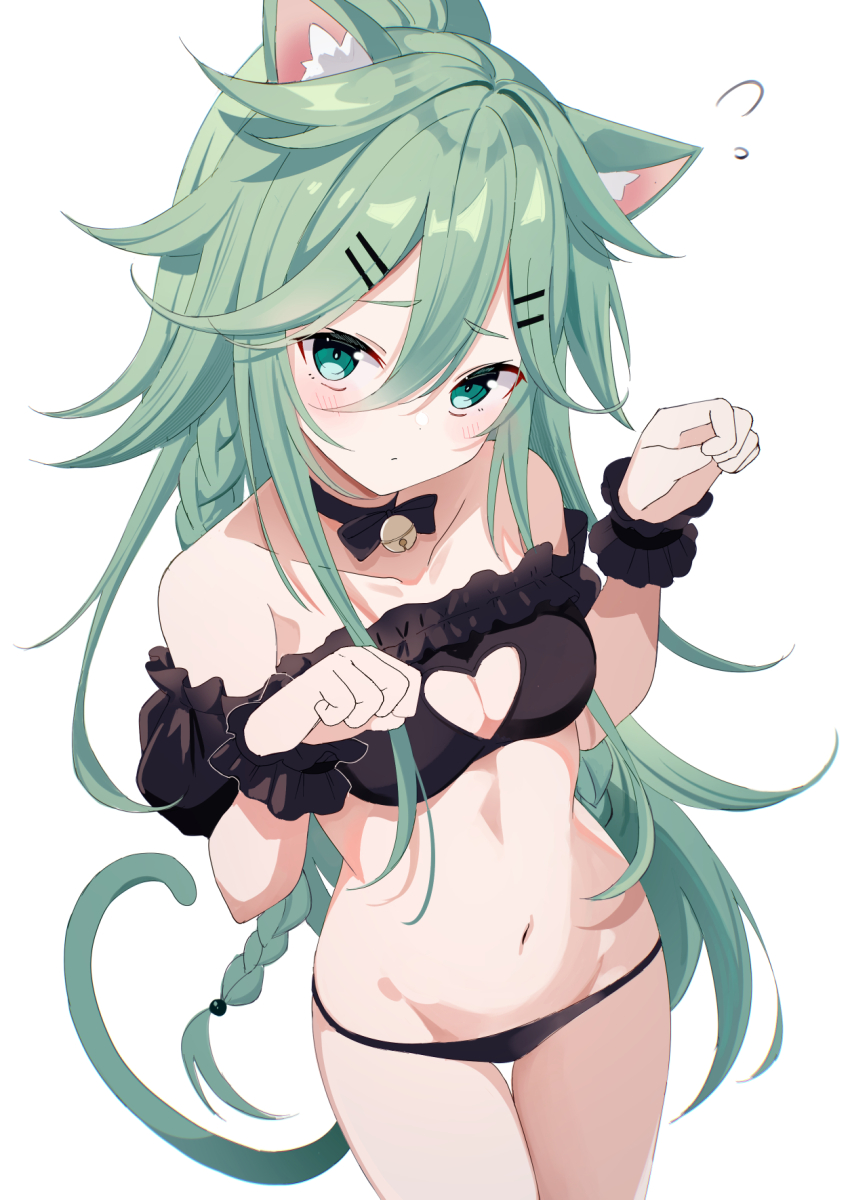 1girl animal_ears bare_shoulders bell bikini black_bikini black_choker black_wrist_cuffs braid cat_ears cat_girl cat_tail choker closed_mouth clothing_cutout commentary_request cowboy_shot detached_sleeves fathom flying_sweatdrops frilled_bikini frilled_sleeves frills green_eyes green_hair hair_between_eyes hair_flaps hair_ornament hairclip hands_up heart_cutout highres jingle_bell kantai_collection kemonomimi_mode long_hair looking_at_viewer navel neck_bell paw_pose puffy_short_sleeves puffy_sleeves short_sleeves simple_background solo stomach swimsuit tail thigh_gap white_background wrist_cuffs yamakaze_(kancolle)