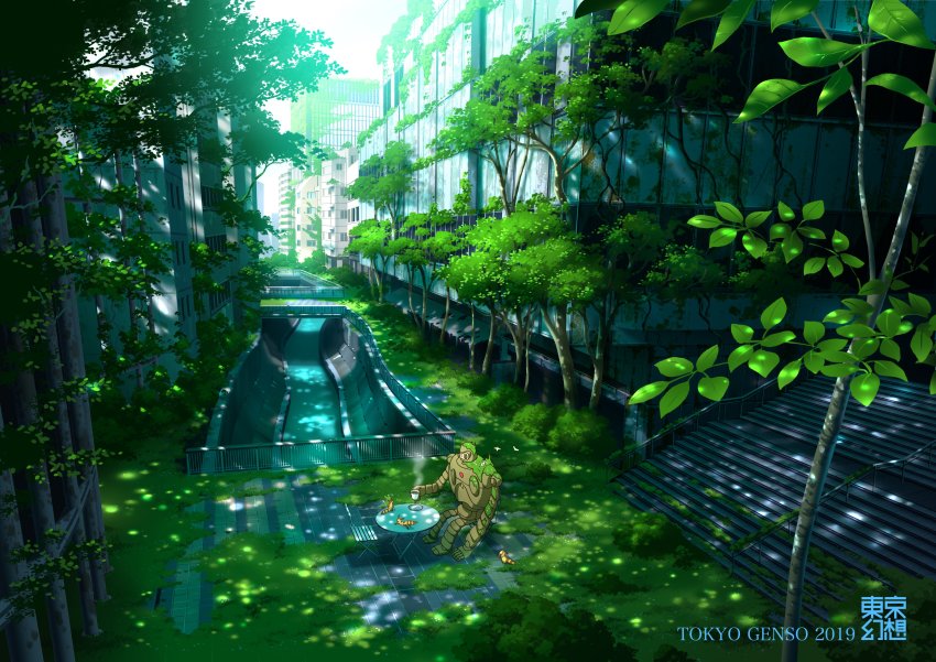 2019 absurdres artist_name bird bridge building canal chair cityscape commentary cup dappled_sunlight day fantasy grass highres holding holding_cup humanoid_robot laputa_robot moss no_humans non-humanoid_robot original outdoors overgrown railing real_world_location robot ruins scenery shibuya_(tokyo) sitting stairs steam sunlight table tenkuu_no_shiro_laputa teto_(nausicaa) tokyo_(city) tokyogenso tree tree_shade