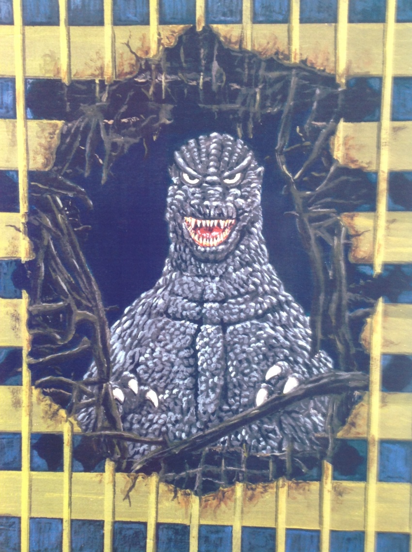 absurdres building damaged destruction dinosaur godzilla godzilla_(series) highres hole kaiju no_humans the_return_of_godzilla thermacabe toho