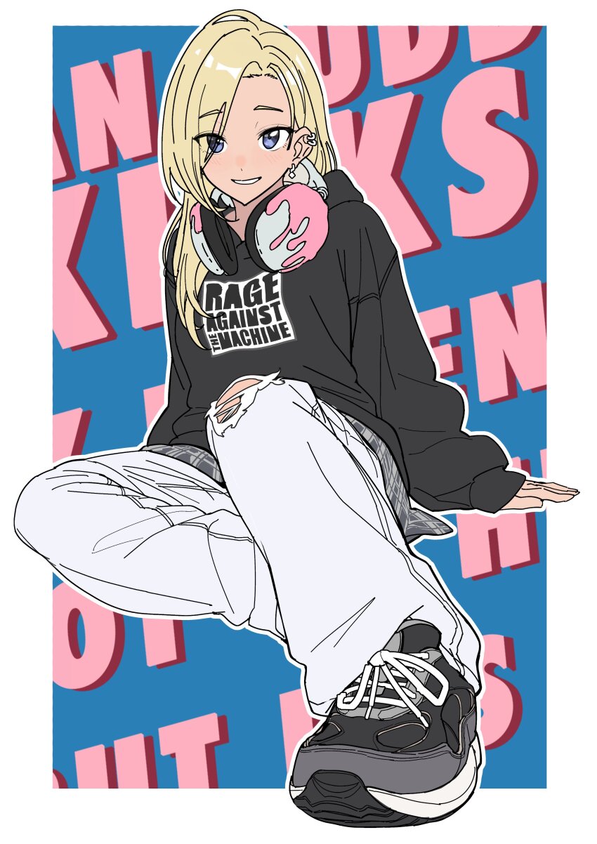 1girl absurdres black_shoes blonde_hair blue_eyes bypos ear_piercing earrings hair_over_one_eye headphones headphones_around_neck highres hood hood_down hoodie jewelry long_hair long_sleeves looking_at_viewer original pants piercing rage_against_the_machine shoes simple_background sitting sleeves_past_wrists sneakers solo torn_clothes torn_pants white_pants