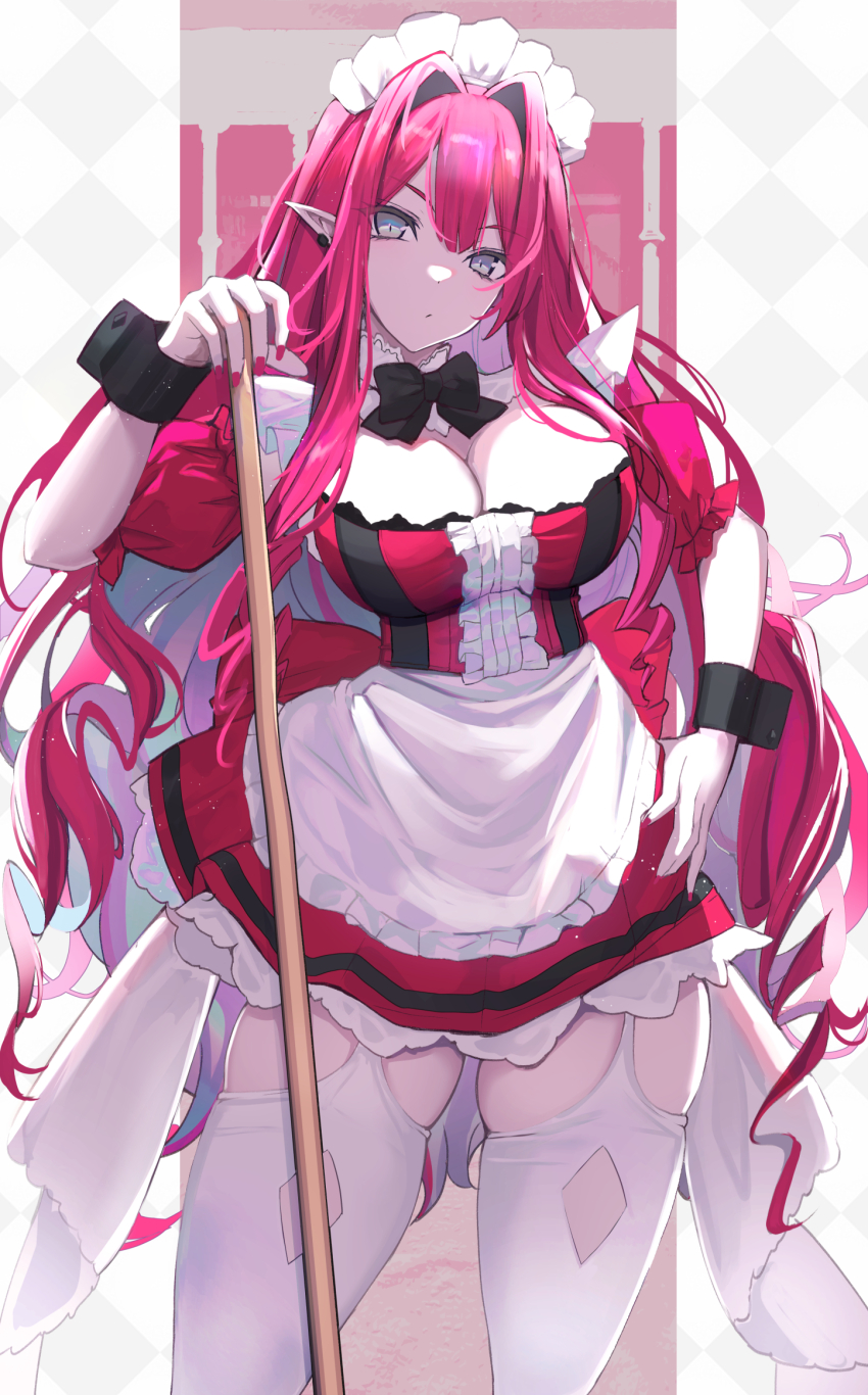1girl alternate_costume baobhan_sith_(fate) bare_shoulders bow bowtie breasts broom cleavage detached_collar dress earrings enmaided fate/grand_order fate_(series) garter_straps grey_eyes hand_on_own_hip highres jewelry large_breasts long_hair looking_at_viewer maid pink_hair pointy_ears puffy_short_sleeves puffy_sleeves red_dress short_sleeves sidelocks solo thick_thighs thighhighs thighs untue white_thighhighs wrist_cuffs