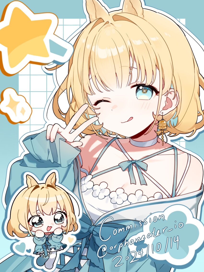1girl :d :q animal_ears aqua_background aqua_eyes bare_shoulders blonde_hair blue_bow blue_dress blue_hair border bow breasts chibi chibi_inset choker cleavage closed_mouth collarbone colored_inner_hair commentary commission criss-cross_halter dated dress dress_flower earrings english_commentary extra_ears flower flower_earrings flower_in_eye four-pointed_star frilled_sleeves frills grid_background hair_intakes halterneck hand_up heart highres jewelry light_blush long_sleeves looking_at_viewer multicolored_hair off-shoulder_dress off_shoulder one_eye_closed open_mouth original orphaneater_io outline outside_border puffy_long_sleeves puffy_sleeves shooting_star_(symbol) short_hair single_earring sleeves_past_wrists small_breasts smile star_(symbol) symbol_in_eye tongue tongue_out twitter_username two-tone_dress two-tone_hair v white_choker white_dress white_flower white_outline