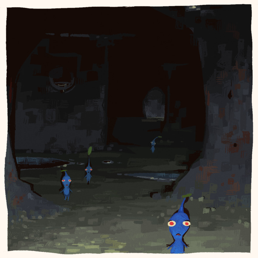 4others blue_pikmin border captionpanic cave cave_interior full_body glowing glowing_eyes leaf looking_at_viewer moss multiple_others nintendo pikmin_(series) pikmin_2 red_eyes standing water white_border