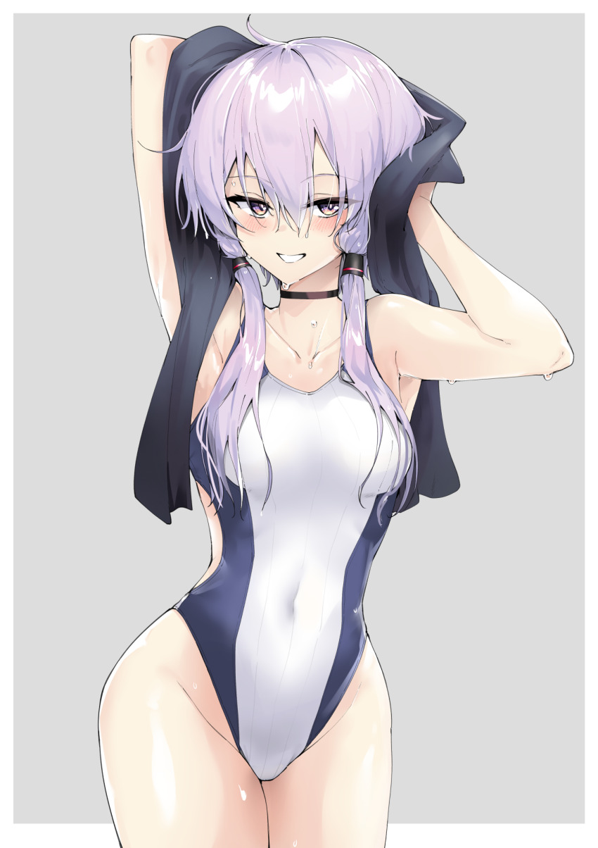 1girl armpits black_choker blue_one-piece_swimsuit blush border choker collarbone commentary_request competition_swimsuit covered_navel cowboy_shot drying drying_hair grey_background grin groin highres one-piece_swimsuit outside_border purple_eyes purple_hair short_hair_with_long_locks smile solo swimsuit teeth towel two-tone_one-piece_swimsuit voiceroid wet white_border white_one-piece_swimsuit yuzuki_yukari zooanime