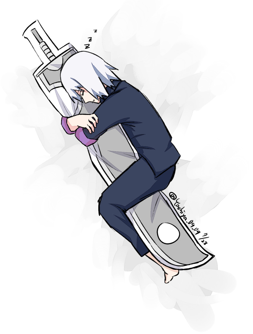 barefoot black_pants black_shirt body_pillow boruto:_naruto_next_generations highres hoozuki_suigetsu lying male_focus naruto_(series) on_side pants pillow purple_cuffs shirt short_hair simple_background sleeping solo spiked_hair tooth_sticking_out_of_mouth white_background white_hair yoshiya0909 zzz