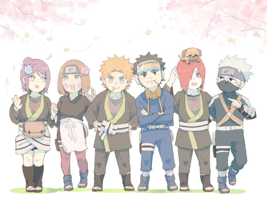 2girls 4boys :d aged_down black_hair bracelet brown_hair bug butterfly cherry_blossoms crossed_arms dog facial_mark flower forehead_protector goggles goggles_on_head grey_hair hair_flower hair_ornament hands_on_own_hips hatake_kakashi holding_hands insect jacket jewelry konan_(naruto) konohagakure_symbol looking_at_another looking_at_viewer mask meitarou mouth_hold mouth_mask multiple_boys multiple_girls nagato_(naruto) naruto_(classic) naruto_(series) naruto_shippuuden ninja nohara_rin open_mouth orange_eyes orange_hair pakkun_(naruto) pants purple_hair red_hair rinnegan short_hair smile spiked_hair standing toeless_footwear toes uchiha_obito yahiko_(naruto)