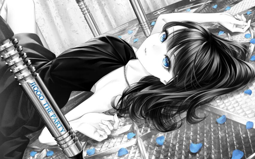 1girl armpits black_dress black_hair blue_eyes blue_petals breasts collarbone commentary_request dart dartboard dress expressionless from_side highres long_hair looking_at_viewer lying on_back original parted_lips partially_colored petals sleeveless sleeveless_dress small_breasts solo sousou_(sousouworks) straight_hair