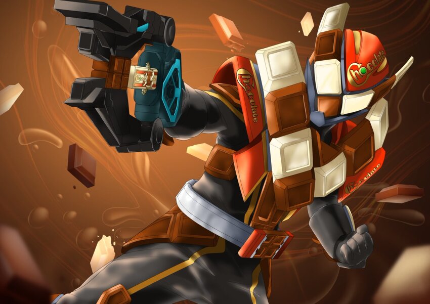 1boy armor bodysuit brown_armor chocodon_(white_chocolate) chocodon_gochizou chocolate energy_gun gloves gun holding holding_gun holding_weapon kamen_rider kamen_rider_gavv_(series) kamen_rider_valen male_focus miyabi_(037) power_armor solo valenbuster weapon