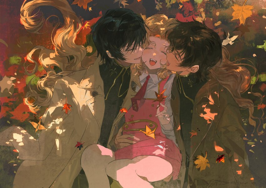 1girl 2boys ^_^ autumn autumn_leaves black_hair black_shirt blush brother_and_sister brown_coat brown_hair buttons cheek-to-cheek closed_eyes coat code_geass collared_shirt dappled_sunlight day dress flat_chest forehead from_above hair_intakes hair_spread_out hand_up happy heads_together holding holding_leaf inair knees_up kururugi_suzaku leaf lelouch_vi_britannia long_hair long_sleeves lying multiple_boys necktie nunnally_vi_britannia on_back on_ground on_side open_clothes open_coat open_mouth origami outdoors paper_crane pinafore_dress pink_dress red_necktie school_uniform shirt short_dress short_hair siblings sidelocks sleeveless sleeveless_dress smile sunlight teeth tongue turtleneck u_u white_coat white_shirt