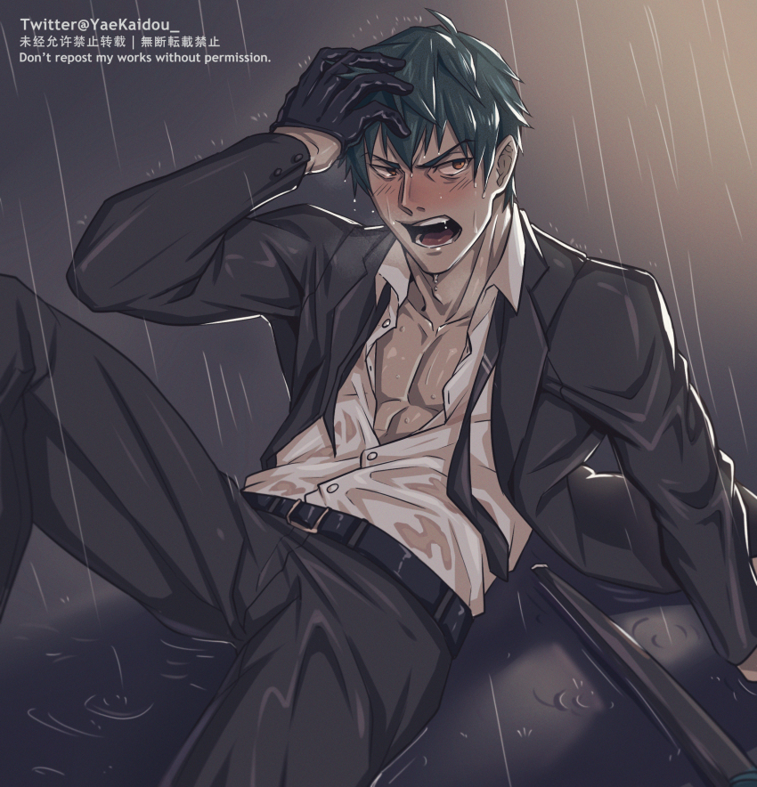 1boy absurdres adam&#039;s_apple black_gloves black_jacket black_pants blush embarrassed fate/grand_order fate_(series) gloves hand_on_own_head highres jacket knee_up looking_at_viewer male_focus open_clothes open_jacket open_mouth orange_eyes pants pectoral_cleavage pectorals rain saitou_hajime_(fate) short_hair sitting solo teeth toned toned_male wet wet_hair yaekaidou