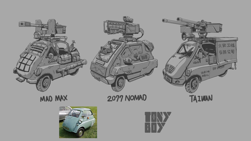 bmw bmw_isetta browning_m2 chinese_text cyberpunk_(series) cyberpunk_2077 dust english_text greyscale gun heavy_machine_gun highres improvised_armor license_plate machine_gun mad_max manually-operated_mounted_gun megaphone monochrome original photo_inset railgun remote_weapon_system rocket_launcher rpg_(weapon) scope signature simple_background spray_paint taiwan technical tony_tseng variations video_camera weapon windshield wipers wrench
