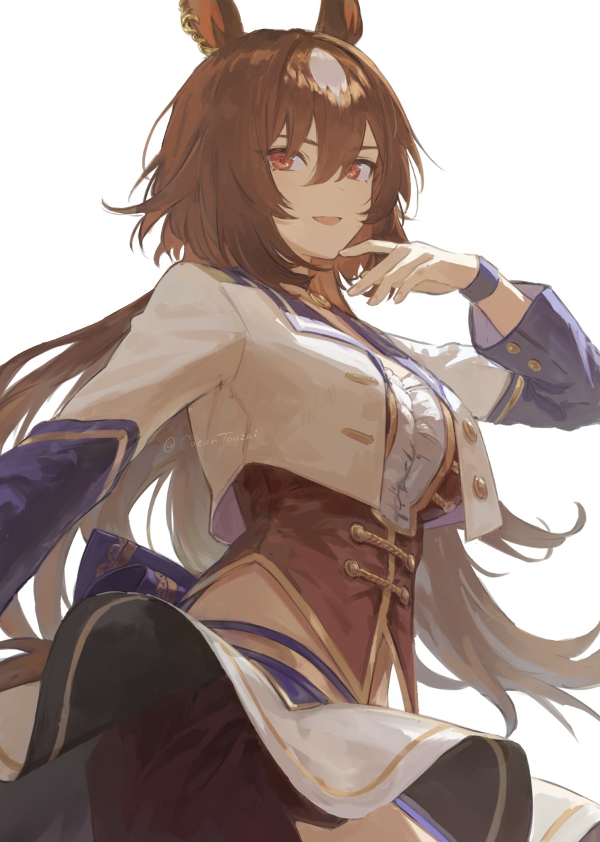 1girl animal_ears back_ribbon breasts brown_hair choker cocontoozai corset cropped_jacket ear_ornament garter_straps hair_between_eyes highres horse_ears horse_girl horse_tail jacket long_hair long_sleeves multicolored_hair open_mouth overskirt pendant_choker purple_choker purple_garter_straps red_corset red_eyes red_shorts shorts simple_background sirius_symboli_(umamusume) smile solo starting_future_(umamusume) streaked_hair tail umamusume white_hair white_jacket wristband
