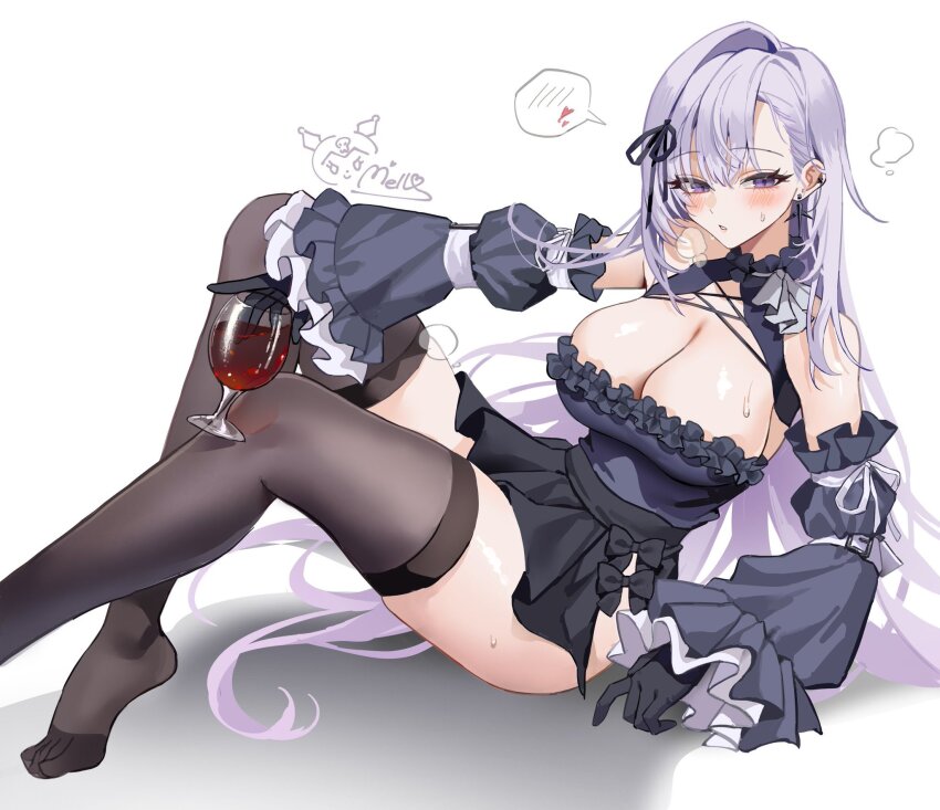 1girl alcohol arm_belt bare_shoulders belt belt_buckle black_bow black_gloves black_ribbon black_skirt black_thighhighs blush bow breasts buckle cleavage cleavage_cutout clothing_cutout collar commentary commission cup detached_sleeves drinking_glass ear_piercing earrings english_commentary foot_out_of_frame frilled_collar frilled_shirt frilled_sleeves frills gloves hair_ornament hair_ribbon heart heavy_breathing highres holding holding_cup indie_virtual_youtuber jewelry large_breasts long_hair looking_at_viewer mell_(dmwe3537) parted_lips piercing purple_eyes purple_hair ribbon second-party_source shadow shirt side_slit signature simple_background skirt skydarc_(vtuber) solo spoken_blush spoken_heart sweat thighhighs very_long_hair virtual_youtuber white_background white_belt white_ribbon wine wine_glass