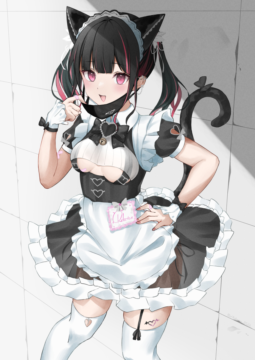 1girl absurdres animal_ears apron bandaid bandaid_on_hand black_hair black_mask black_skirt blunt_bangs bow cat_ears cat_tail choppy_bangs collared_shirt contrapposto ear_chain ear_covers ear_piercing fake_animal_ears fingernails framed_breasts frilled_skirt frills garter_straps hand_on_own_hip highres indie_virtual_youtuber linked_piercing looking_at_viewer maid maid_headdress mask mask_pull medium_hair miniskirt mouth_mask multicolored_hair multiple_piercings nail_polish name_tag official_alternate_costume open_mouth pasties piercing pink_eyes pink_hair red_nails rikotan_(vtuber) rikotan_(vtuber)_(2nd_costume) ritohasu_0522 see-through_clothes see-through_silhouette see-through_skirt shirt simple_background single_garter_strap skindentation skirt solo streaked_hair tail tail_bow tail_ornament twintails underbust undershirt virtual_youtuber waist_apron white_apron wolf_tail wrist_cuffs