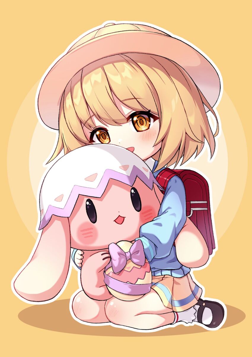 1girl aged_down backpack bag black_footwear blonde_hair blue_sweater blush bow character_request chibi commentary dot_nose easter_egg egg eggshell_hat haru_estia hat highres hug kindergarten_uniform long_sleeves losvje1024 medium_hair open_mouth orange_eyes outline pleated_skirt purple_bow randoseru red_bag school_hat shoes sitting skirt socks soulworker sweater white_outline white_socks yellow_background yellow_skirt
