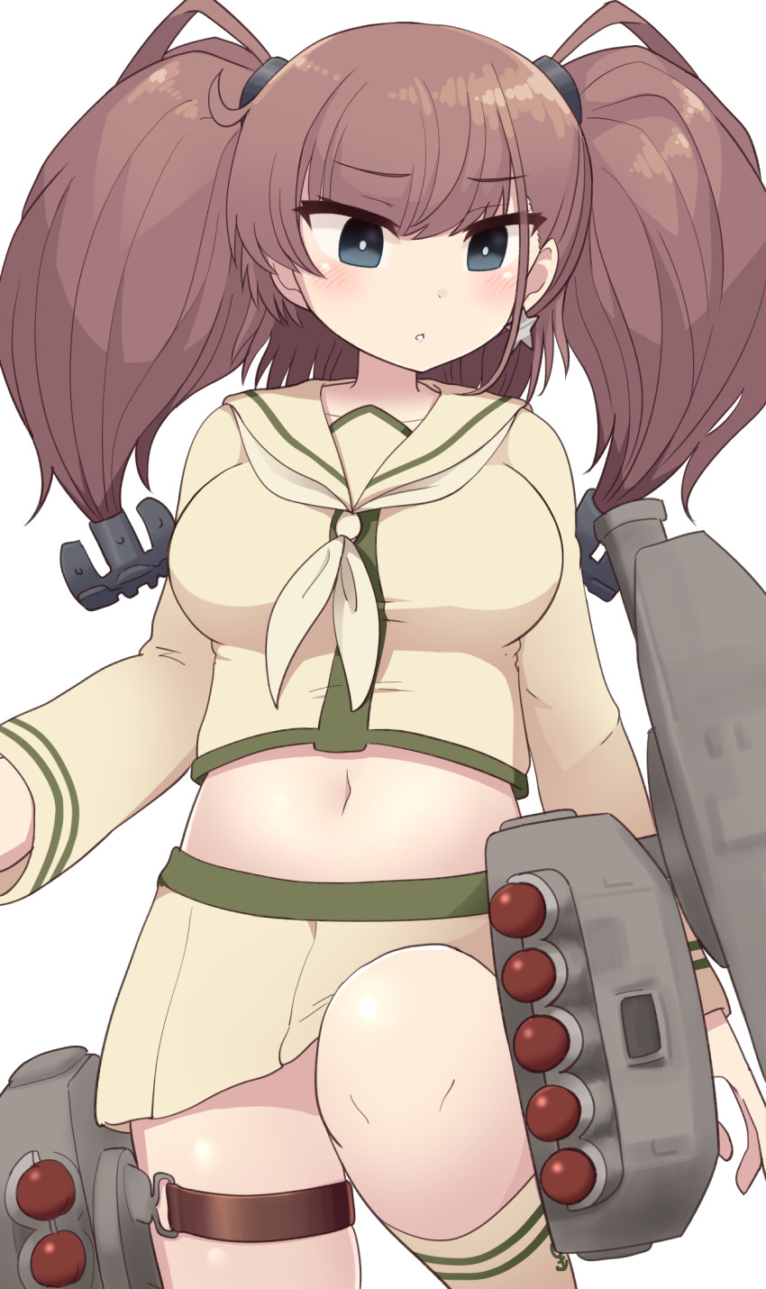 1girl alternate_costume anchor_hair_ornament atlanta_(kancolle) beige_serafuku beige_shirt beige_skirt breasts brown_hair cosplay earrings hair_ornament highres jewelry kantai_collection kitakami_(kancolle) kitakami_(kancolle)_(cosplay) large_breasts long_hair long_sleeves midriff miniskirt navel rigging school_uniform serafuku simoyuki single_earring skirt solo star_(symbol) star_earrings thigh_strap torpedo torpedo_launcher torpedo_tubes two_side_up