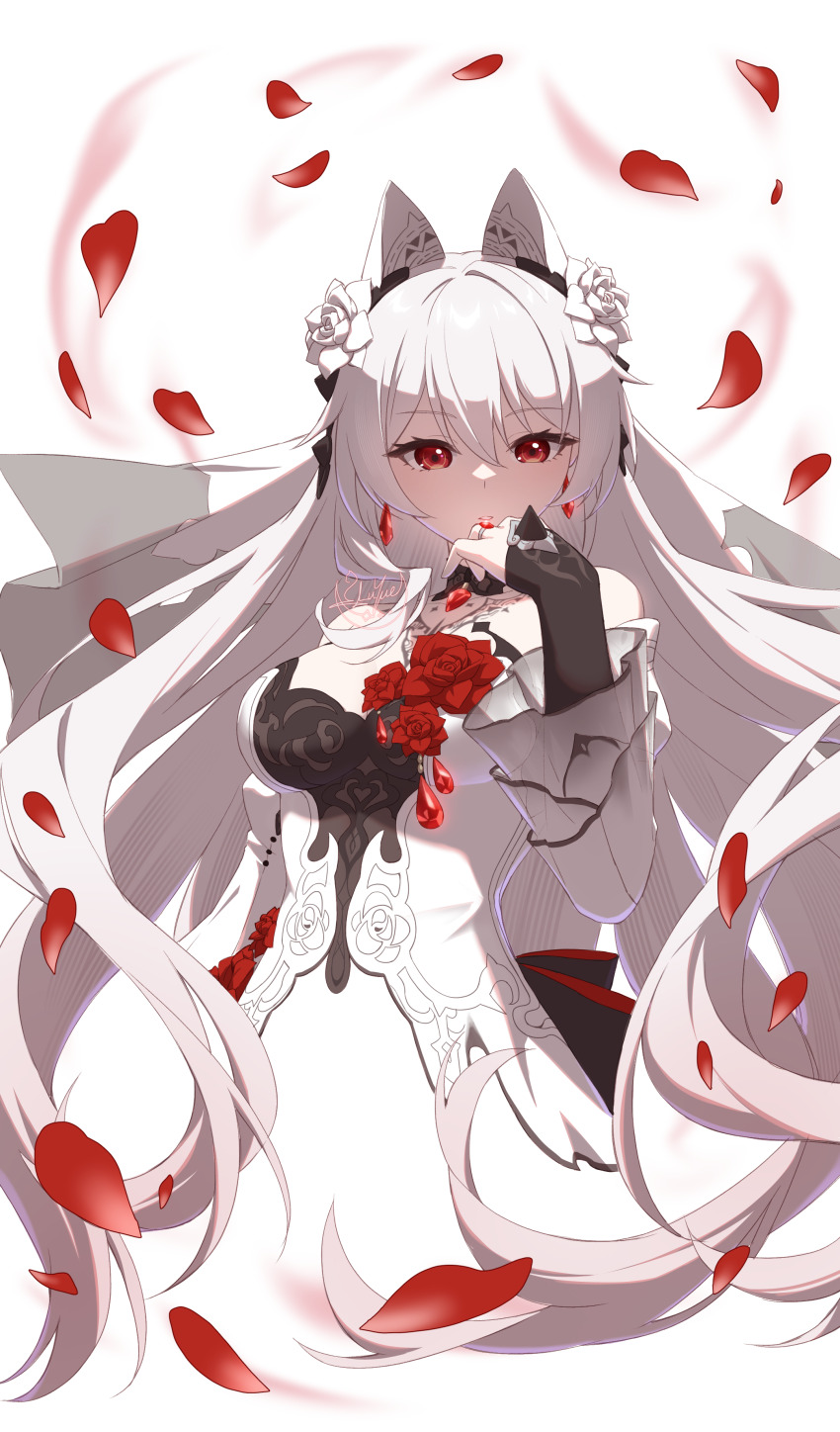 1girl absurdres bare_shoulders bat_tattoo breasts bridal_veil bride chest_tattoo commentary dress earrings flower hair_flower hair_ornament hand_up highres honkai_(series) honkai_impact_3rd jewelry large_breasts long_hair looking_at_viewer luyue official_alternate_costume parted_lips red_eyes red_flower red_petals red_rose ring rose solo tattoo theresa_apocalypse theresa_apocalypse_(luna_kindred) theresa_apocalypse_(lunar_vow:_crimson_love) theresa_apocalypse_(till_death_do_us_part) veil very_long_hair wedding_dress white_background white_dress white_flower white_hair white_rose white_veil