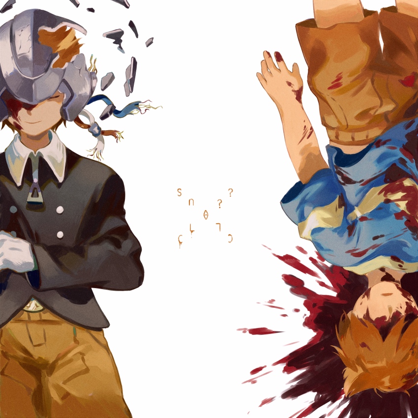 2boys ? absurdres black_jacket blood broken_helmet brown_pants character_name claus_(mother_3) closed_mouth dual_persona highres injury jacket male_focus masked_man_(mother_3) mother_(series) mother_3 multiple_boys nintendo pants ricmoo3 rotational_symmetry shirt short_hair short_sleeves spoilers striped_clothes striped_shirt wire zipper