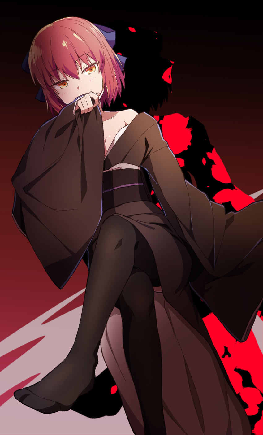 1girl absurdres azami_masurao black_kimono black_thighhighs blue_bow blush bow breasts cleavage covering_own_mouth crossed_legs gradient_background hair_between_eyes hair_bow hand_over_own_mouth highres japanese_clothes kimono kohaku_(tsukihime) long_sleeves looking_at_viewer medium_hair melty_blood obi off_shoulder pinching_sleeves red_hair sash short_hair simple_background sitting small_breasts solo thighhighs tsukihime wide_sleeves