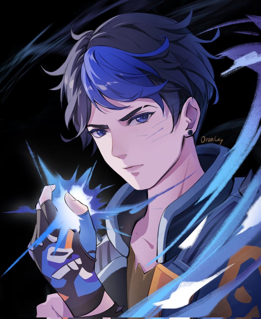 1boy alternate_hairstyle animification artist_name black_background black_gloves blue_eyes blue_hair blue_jacket collarbone commentary earrings energy english_commentary eyebrow_cut fingerless_gloves gloves hair_behind_ear highres jacket jewelry looking_at_viewer male_focus open_hand oran_(lovekarthus) portrait solo valorant yoru_(valorant)