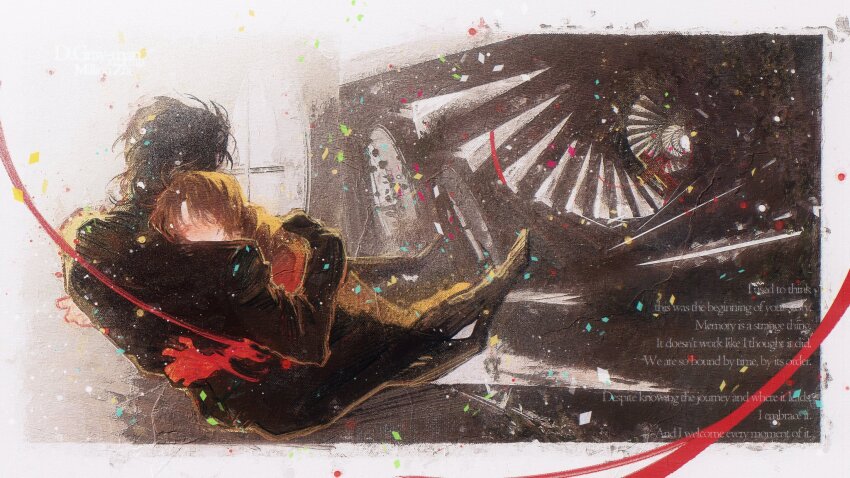 2boys abstract_background allen_walker black_hair black_pants black_suit border brown_hair brown_hoodie brown_pants child closed_eyes colored_extremities confetti d.gray-man english_text facing_away facing_viewer formal_clothes highres hood hoodie hug male_focus mana_walker mature_male millionzhi multiple_boys outside_border pants red_ribbon ribbon short_hair spiral spiral_background spiral_staircase stairs suit white_border