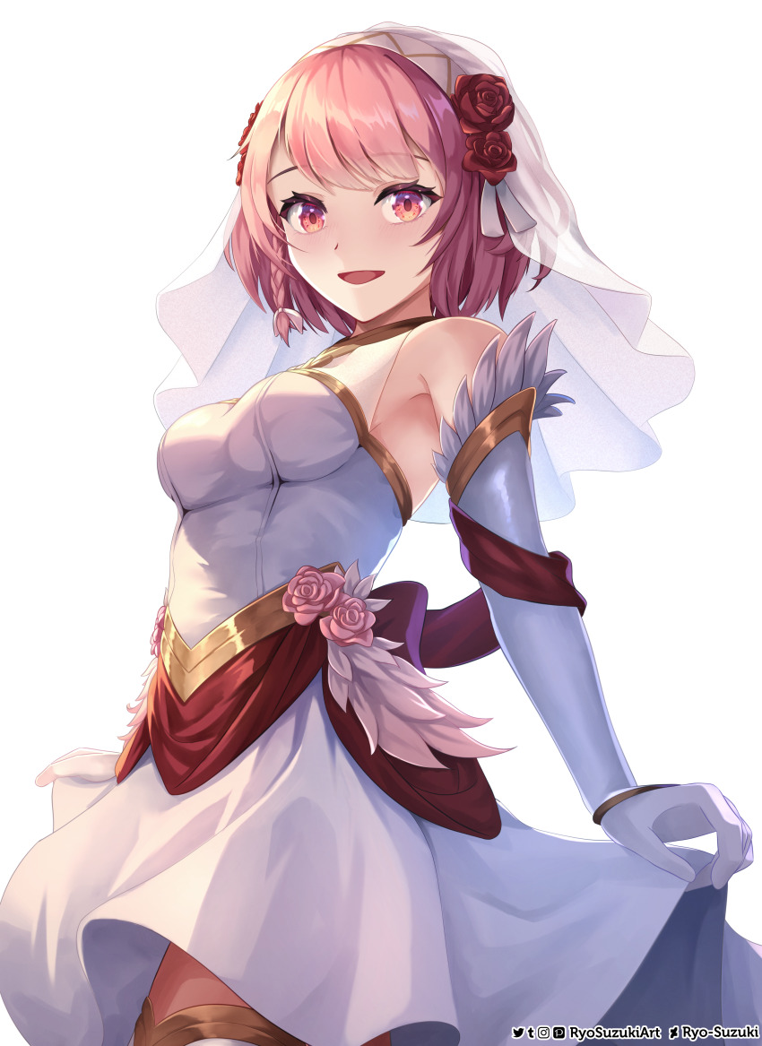 1girl :d absurdres artist_name breasts bridal_veil dress elbow_gloves fire_emblem fire_emblem_engage fire_emblem_heroes flower gloves hair_flower hair_ornament highres lapis_(fire_emblem) lapis_(mighty_bride)_(fire_emblem) looking_at_viewer nintendo official_alternate_costume open_mouth pink_eyes pink_hair ryo-suzuki short_hair smile veil wedding_dress white_background white_dress white_gloves