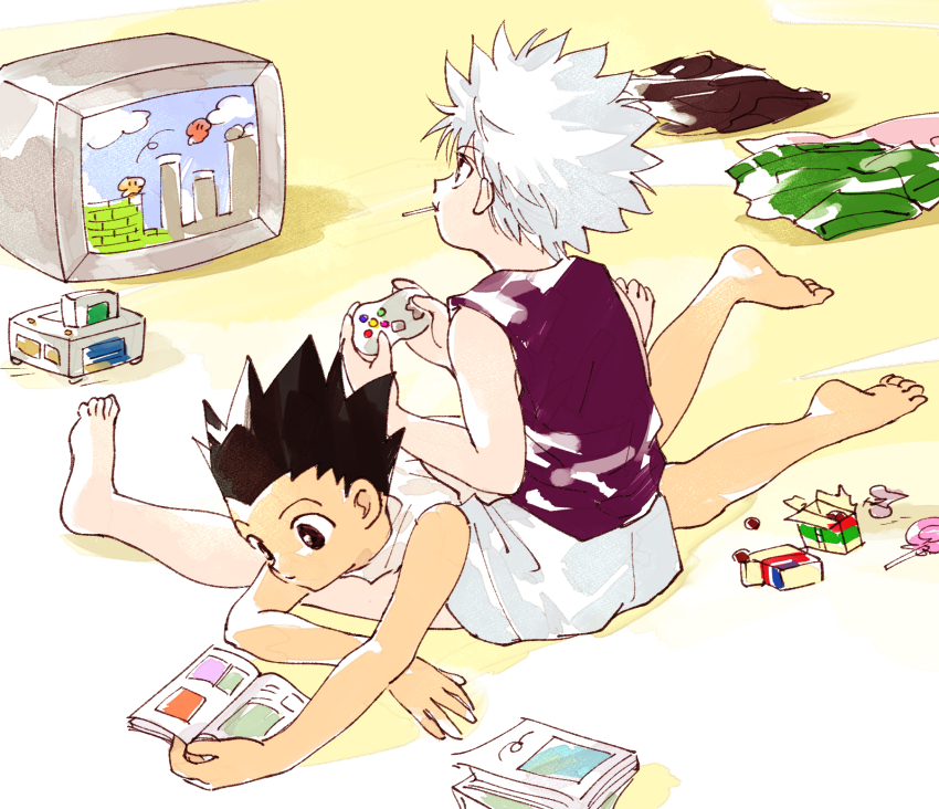 2boys black_hair clothes_on_floor gon_freecss hunter_x_hunter killua_zoldyck male_focus multiple_boys odenkong on_floor playing_games reading shirt shorts sleeveless sleeveless_shirt video_game white_hair