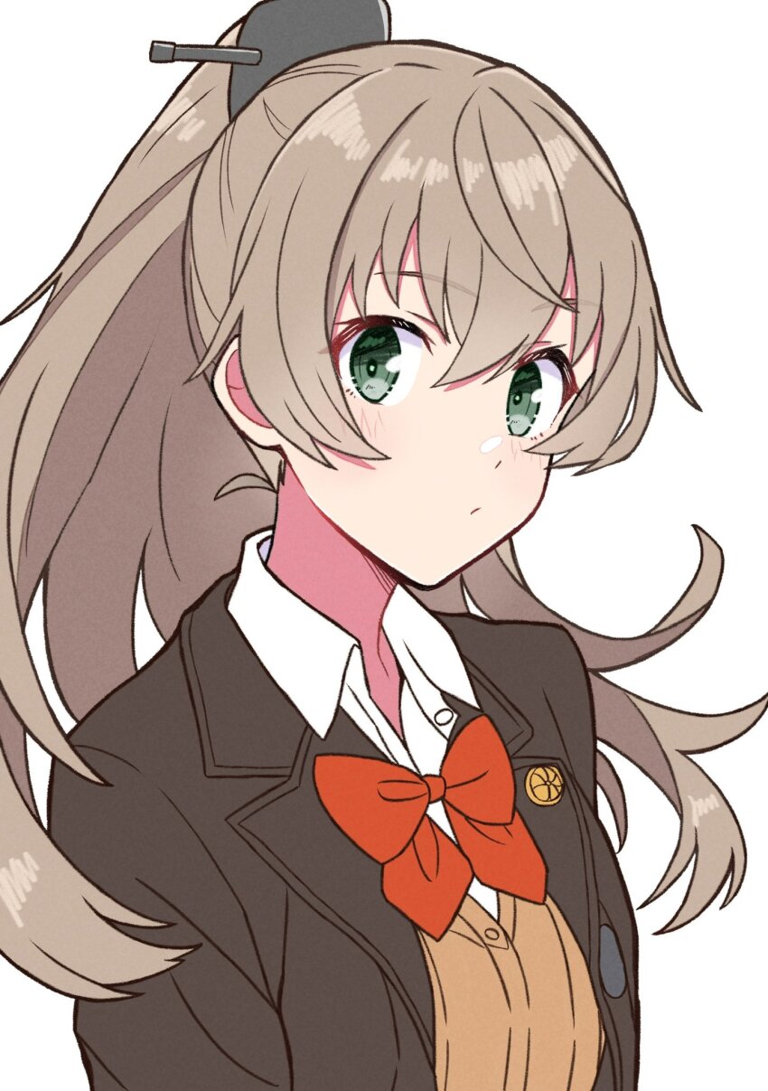 1girl brown_cardigan brown_hair brown_jacket cardigan closed_mouth fuminomino green_eyes highres jacket kantai_collection kumano_(kancolle) kumano_kai_ni_(kancolle) looking_at_viewer neck_ribbon ponytail red_ribbon ribbon shirt simple_background solo white_shirt