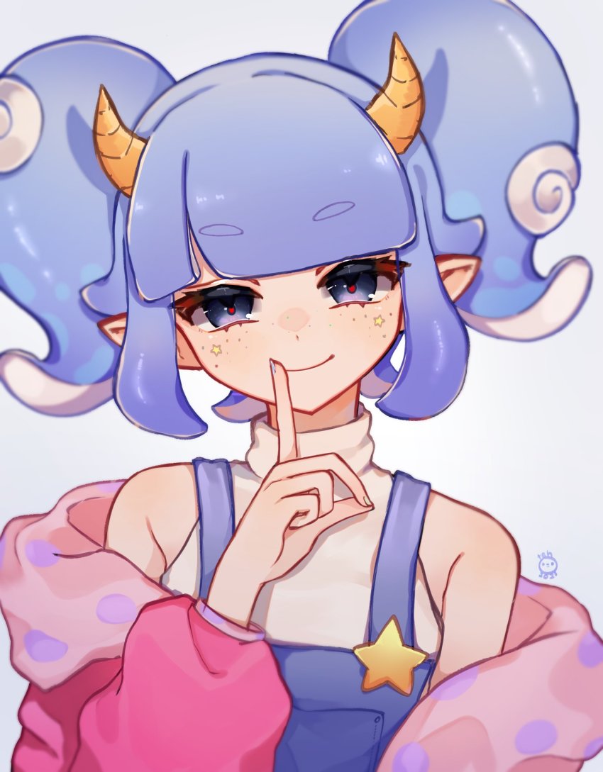1girl blue_eyes blue_hair finger_to_mouth freckles hackerling highres horns indie_virtual_youtuber looking_at_viewer marking_on_cheek nail_polish pale_skin pointy_ears shushing solo star_(symbol) tehnyo twintails virtual_youtuber