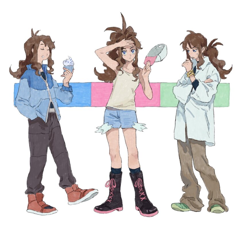 baseball_cap black_footwear blue_eyes blue_jacket boots brown_hair casteliacone closed_eyes cosplay denim denim_shorts falu_(faluyelang) full_body green_footwear hand_in_pocket hat highres hilbert_(pokemon) hilbert_(pokemon)_(cosplay) hilda_(pokemon) jacket n_(pokemon) n_(pokemon)_(cosplay) nintendo pokemon pokemon_bw ponytail red_footwear shirt shorts sleeveless sleeveless_shirt standing